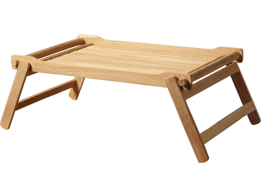 Bett-Tablett Frühstückstablett Serviertablett aus Teak aus hellem Holz mit klappbaren Seitengriffen in Gesamtansicht.