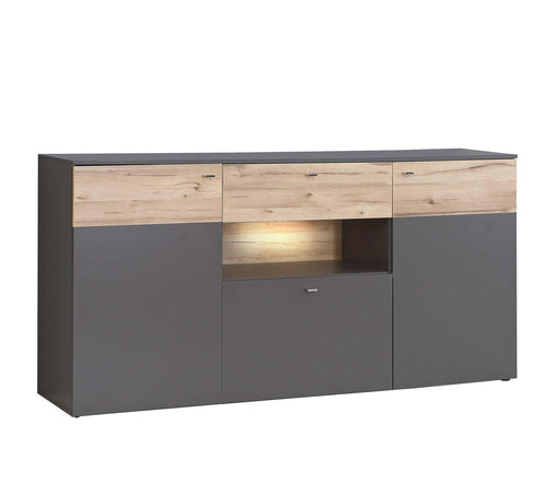Sideboard COMO in Grau mit Planked-Eiche-Fronten, drei Schubladen und beleuchteter Nische, Gesamtansicht.