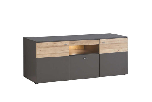 Lowboard COMO in Grau und Planked Eiche mit offener Beleuchtung, Gesamtansicht von vorne.