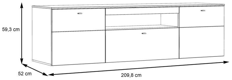 Lowboard COMO 210 cm Optik Grau / Planked Eiche mit LED Beleuchtung