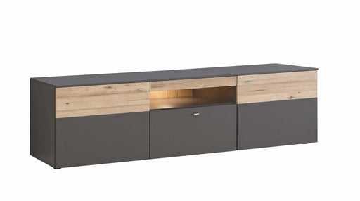 Lowboard COMO 210 cm in Grau und Planked Eiche mit offener Nische und LED-Beleuchtung, Gesamtansicht.