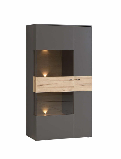 Highboard Vitrine halbhoch COMO mit Glaselementen und Planked Eiche Akzenten, Gesamtansicht von vorne.