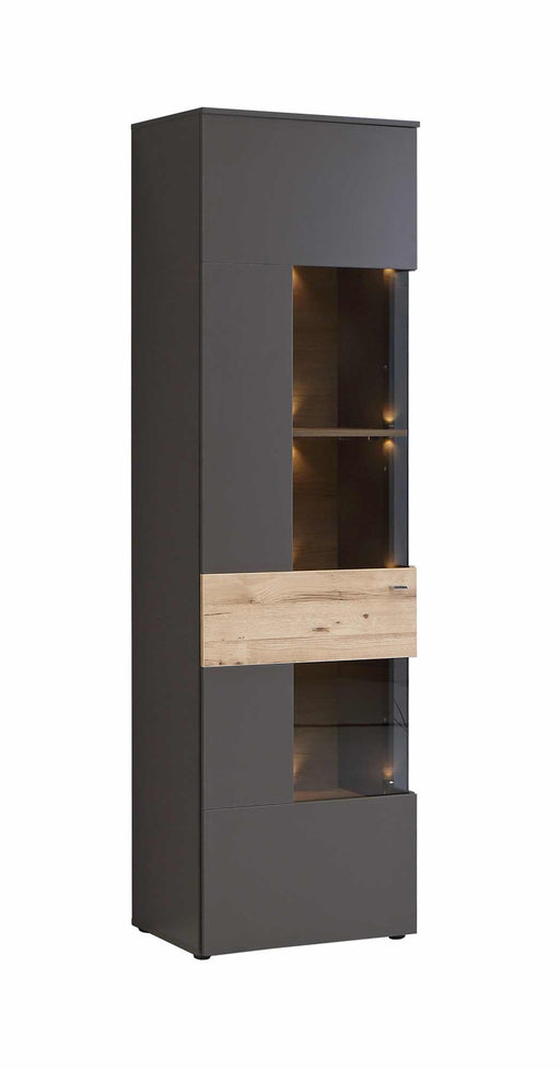 Schmale Vitrine COMO 1-trg Anschlag links Optik Grau / Planked Eiche mit Glasfächern in Gesamtansicht.