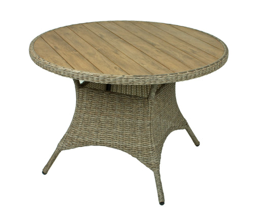 Gesamtansicht des Gartentisches BASTIA rund mit runder Holzplatte im Teak-Look und Geflecht-Säulenfuß aus Rattan.