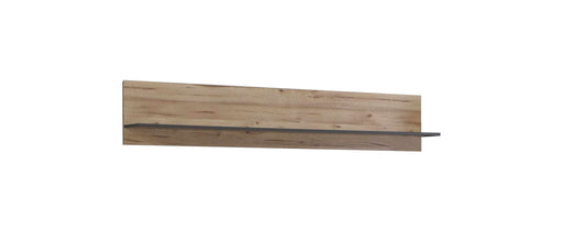 Wandboard COMO 150 cm in Optik Grau und Planked Eiche, Gesamtansicht von vorne mit horizontaler Holzoberfläche.
