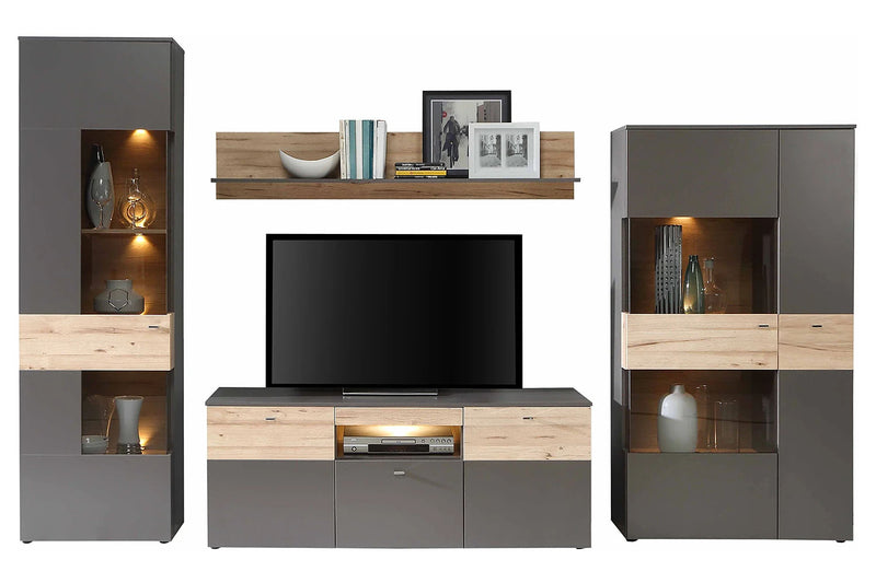 Wohnzimmerschrank COMO Grau mit Planked Eiche von Forte mit LED