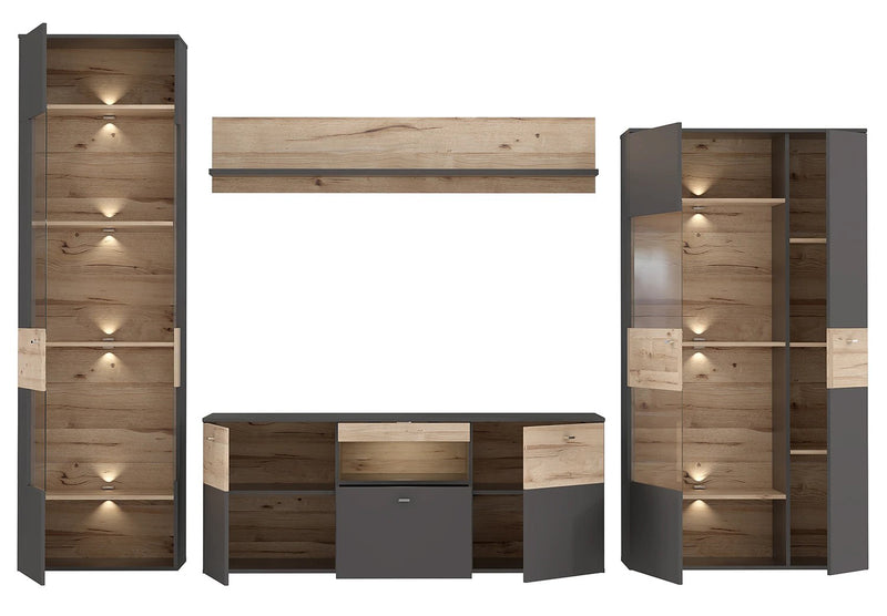 Wohnzimmerschrank COMO Grau mit Planked Eiche von Forte mit LED