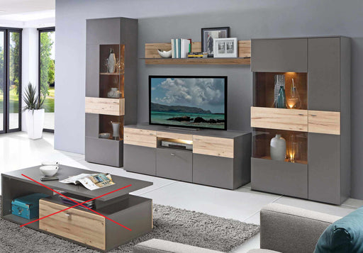 Wohnzimmerschrank COMO Grau mit Planked Eiche in Gesamtansicht mit TV-Bank, Wandregal und seitlichen Vitrinen-Elementen.