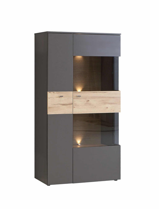 Highboard Vitrine COMO mit Rechtsverglasung, beleuchteten Glasfächern und Holzschublade in Grau und Planked Eiche.