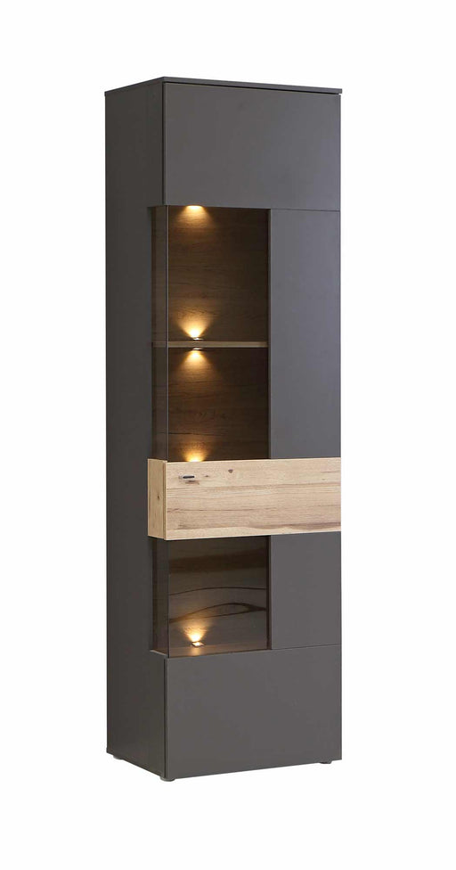 Vitrine COMO 1-trg Anschlag rechts Optik Grau / Planked Eiche, Gesamtansicht mit beleuchteten Glasfächern und Holzumrandung.