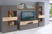Wohnwand COMO rechts Optik Grau / Planked Eiche mit LED Beleuchtung