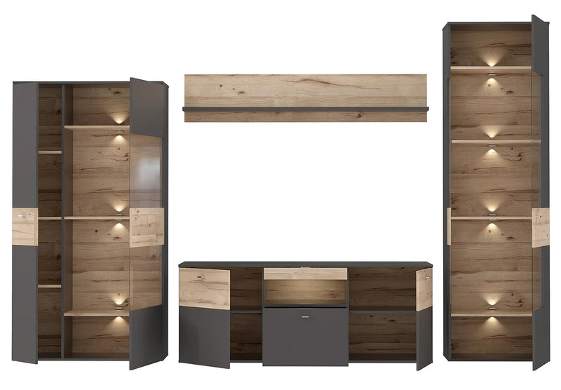 Wohnwand COMO rechts Optik Grau / Planked Eiche mit LED Beleuchtung