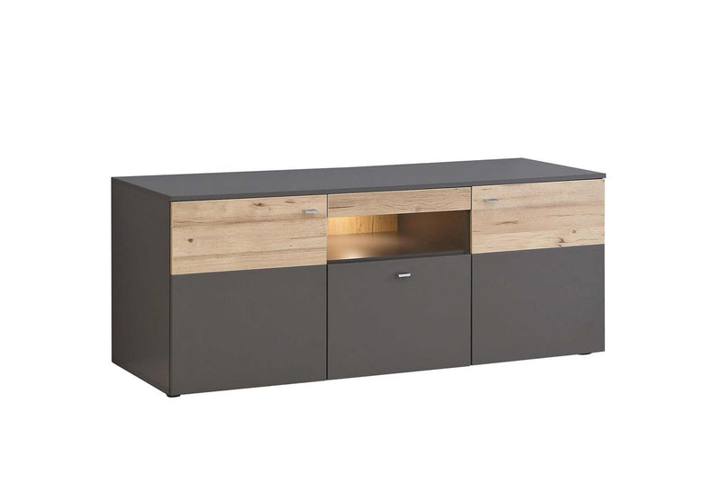 Wohnwand COMO rechts Optik Grau / Planked Eiche mit LED Beleuchtung