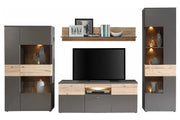 Wohnwand COMO rechts Optik Grau / Planked Eiche mit LED Beleuchtung