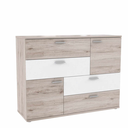 Kommode Sideboard SKIVE in Sandeiche und Weiß mit sechs Schubladen in asymmetrischer Anordnung, Gesamtansicht.
