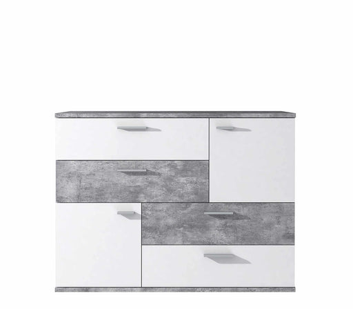 Kommode Sideboard SKIVE in Betonoptik lichtgrau und Weiß mit sechs Schubladen und Metallagriffen, Gesamtansicht.