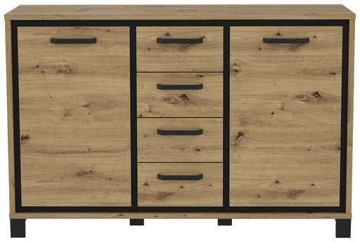 Kommode Sideboard TRONDHEIM K233 Artisan Eiche/Schwarzeiche mit drei Türen und vier Schubladen, Vorderansicht.