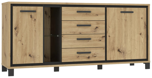 Sideboard TRONDHEIM in Artisan Eiche und Schwarzeiche Optik mit zwei Türen und vier Schubladen, Gesamtansicht von vorne.