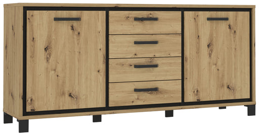 Sideboard TRONDHEIM mit Artisan-Eiche-Front, schwarzer Rahmeneinfassung und vier Schubladen, Gesamtansicht.