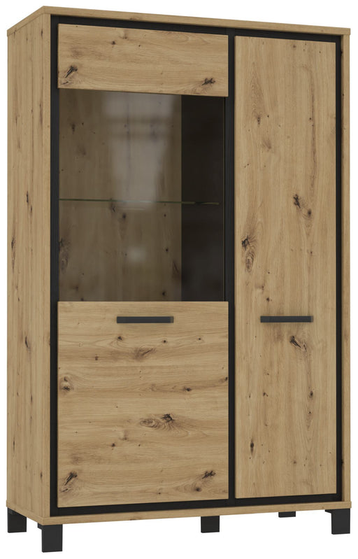 Highboard Vitrine TRONDHEIM in Artisan Eiche mit schwarzem Rahmen, Gesamtansicht mit verglaster Vitrinentür und Schubladen.