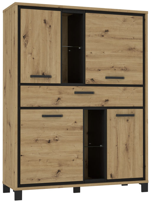 Highboard TRONDHEIM mit vier Türen in Artisan Eiche und Schwarzeiche, Gesamtansicht von vorne mit schwarzen Metallgriffen.