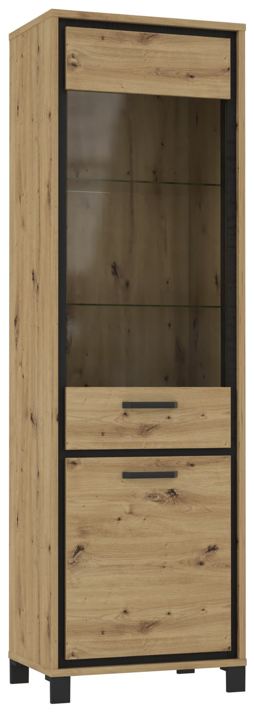 Vitrine TRONDHEIM 2-trg. Gesamtansicht mit Glastür, Schubladen und Holzrahmen in Artisan Eiche und schwarzer Metallumrahmung.