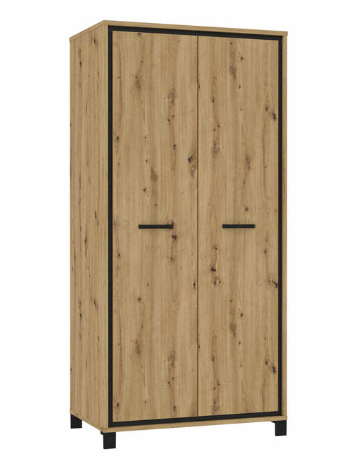 Kleiderschrank TRONDHEIM mit zwei Türen in Artisan Eiche und schwarzem Metallrahmen, Gesamtansicht.