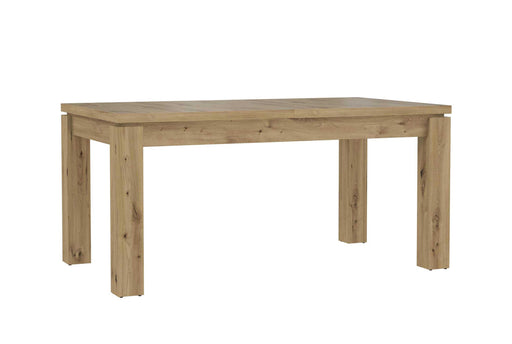 Esstisch TRONDHEIM 160 x 90 mit Auszug in Artisan Eiche, Gesamtansicht von vorne mit massiven Holzbeinen.