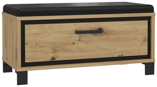 Garderobenbank TRONDHEIM mit Polster in Artisan Eiche und schwarzem Sitzkissen, Gesamtansicht mit ausziehbarer Schublade.