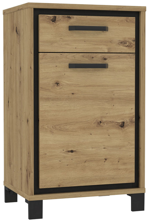 Schuhschrank TRONDHEIM in Artisan Eiche mit schwarzem Rahmen, Gesamtansicht von vorne mit zwei Schubladen und einer Klappe.
