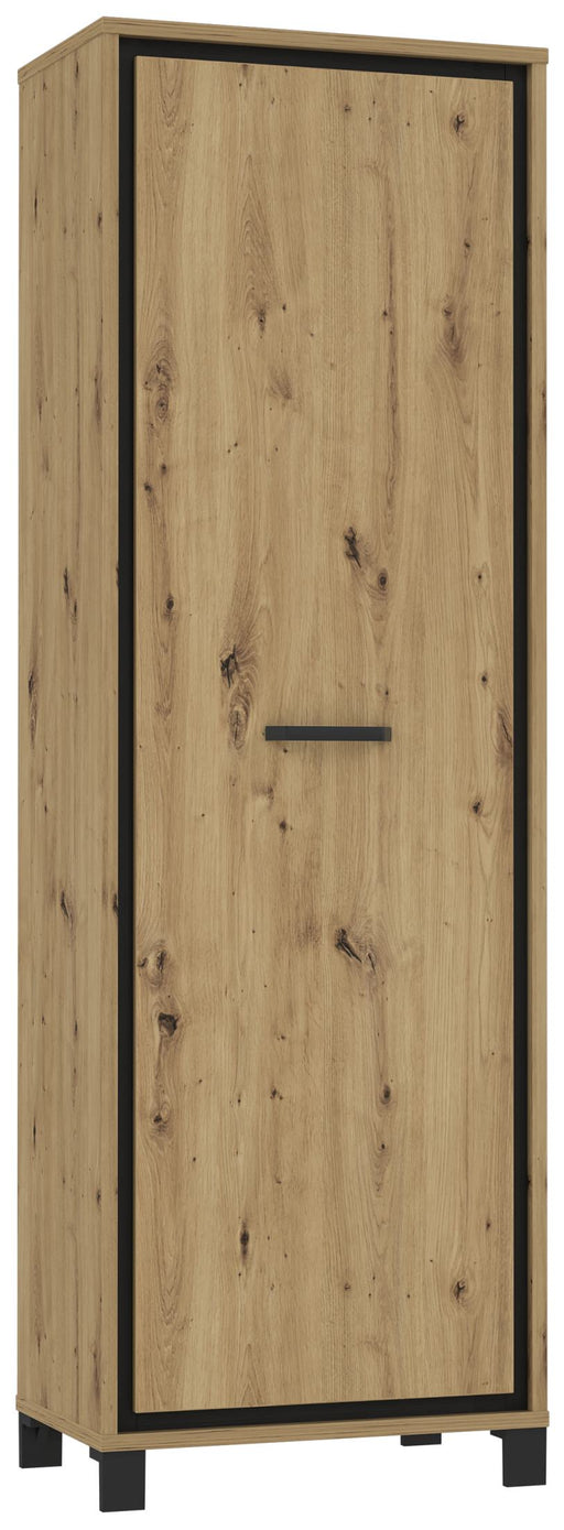 Garderobenschrank TRONDHEIM in Artisan Eiche mit schwarzem Rahmen, Gesamtansicht von vorne.