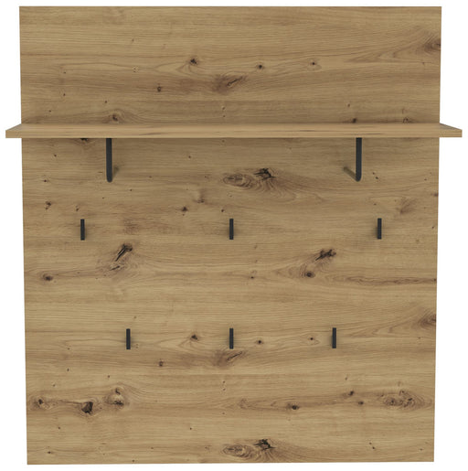 Garderobenpaneel TRONDHEIM mit 6 Haken in Artisan Eiche Optik, Gesamtansicht mit Ablage und schwarzen Metallhaken.