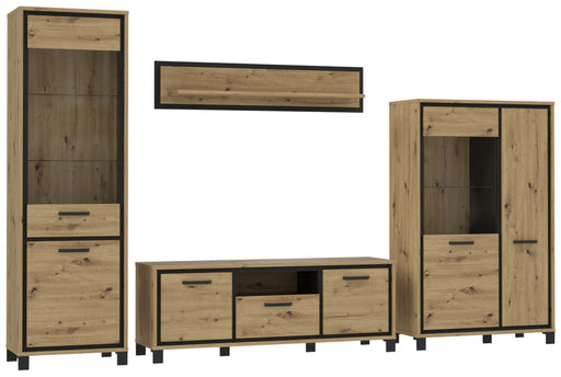 FORTE Wohnzimmerschrank TRONDHEIM 4-tlg. in Artisan Schwarzeiche, Gesamtansicht mit Vitrinen und Schubladen.