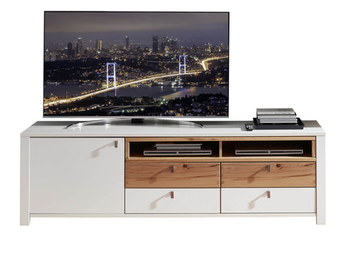 TV Lowboard SERPIO WF 33 Weiß mit Wildbuche-Absetzung in Gesamtansicht mit offenen Fächern.