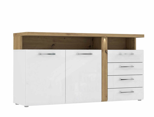 Sideboard TULUZA 2-trg. 4 Schubladen in Weiß und Artisan Eiche mit offenen Ablagefächern oben, Gesamtansicht von vorne.