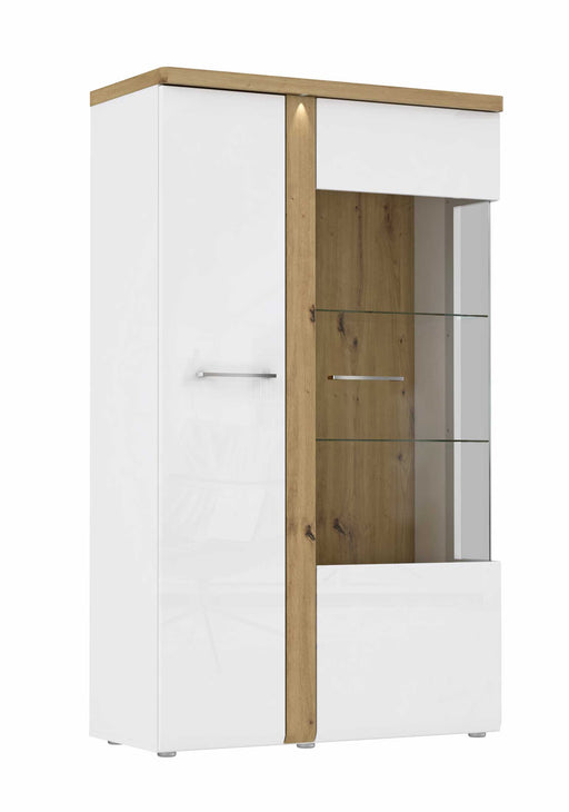 Highboard Vitrine TULUZA mit zwei weißen Türen und zentralem Regal in Artisan-Eiche-Optik, Gesamtansicht.