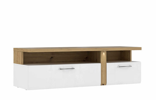 Lowboard TULUZA mit weißen Schubladen und Artisan-Eiche-Oberteil in Gesamtansicht von vorne.