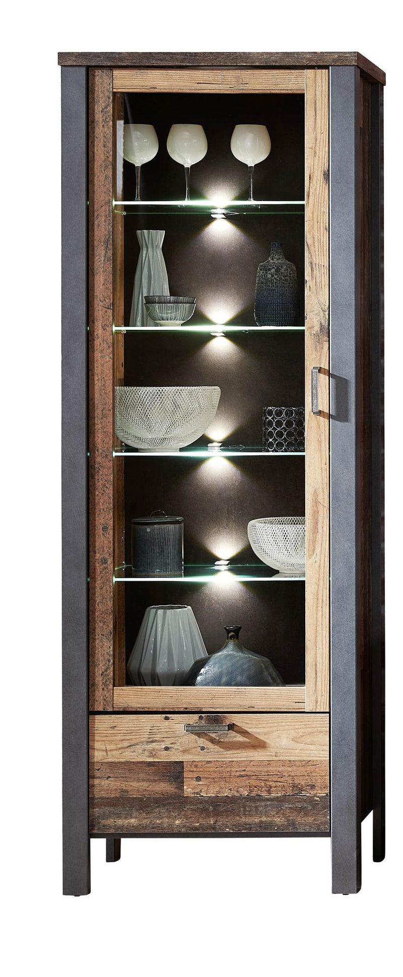 Vitrine CARDIFF 1-türig mit LED Beleuchtung - Vintage Style Mix dark