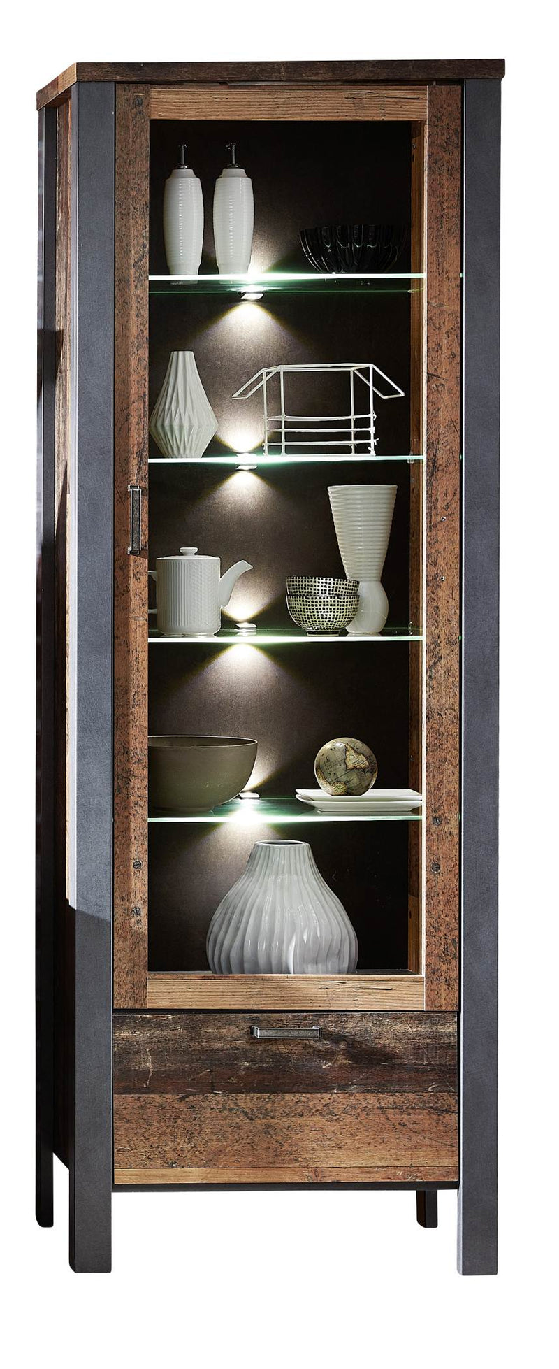 Vitrine CARDIFF 1-türig mit LED Beleuchtung - Vintage Style Mix dark