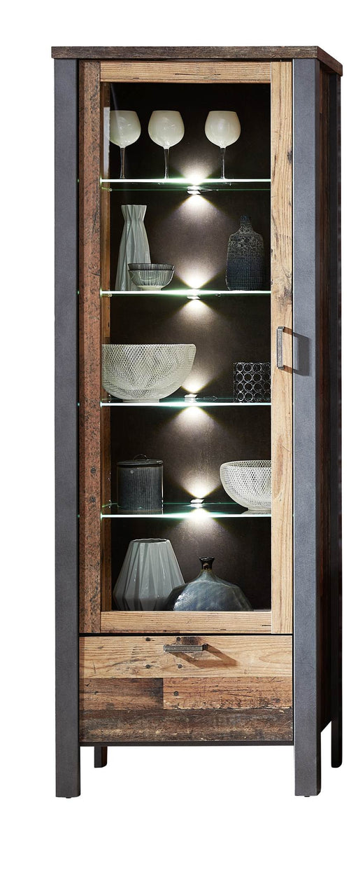 Vitrine CARDIFF 1-türig mit LED-Beleuchtung im Vintage Style Mix dark, Gesamtansicht.