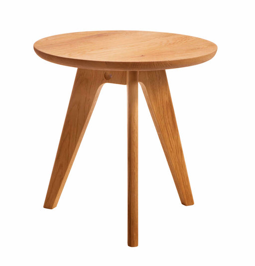 Beistelltisch Hocker CIRCO aus Eiche massiv mit runder Tischplatte und drei schrägen Holzbeinen, Gesamtansicht.