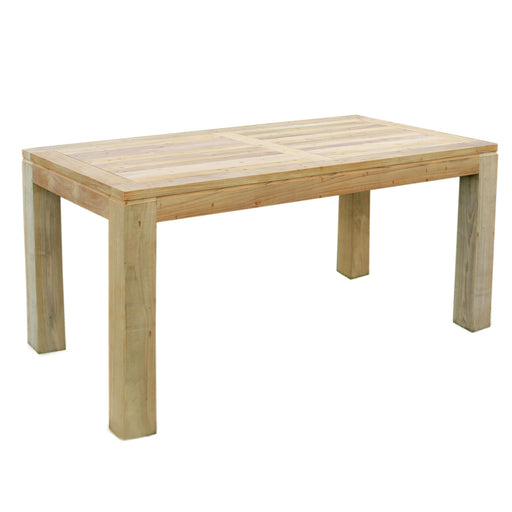 Premium Teak Gartentisch 220 x 100 cm in Gesamtansicht mit massiven Holzbeinen und rechteckiger Tischplatte.