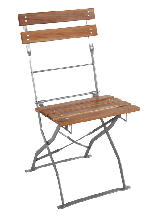 Biergartenstuhl Gartenstuhl klappbar mit Holzlatten aus Akazie und grauem Metallgestell in Gesamtansicht.