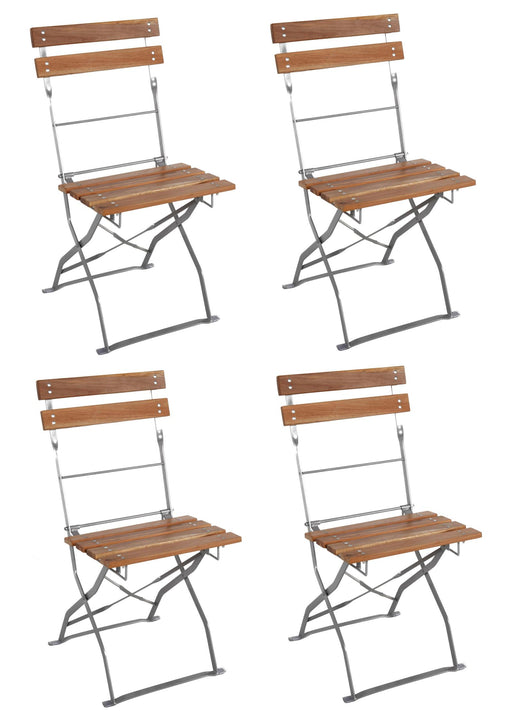 4er Set Biergartenstuhl Gartenstuhl klappbar mit Metallgestell in Silber und Akazie-Sitzfläche in Gesamtansicht.