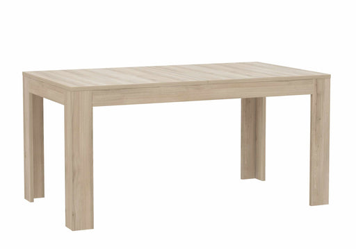 Esstisch Ausziehtisch SUPRIE 160 x 90 in Comano Pflaume Optik, Gesamtansicht mit massiven Holzbeinen.