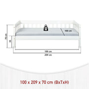 Technische Zeichnung des Sofabett Einzelbett SINTRO mit Maßangaben und Belastungsgewicht von 100 kg.