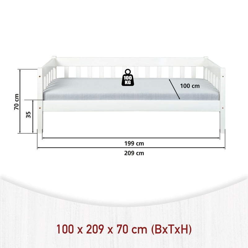 Technische Zeichnung des Sofabett Einzelbett SINTRO mit Maßangaben und Belastungsgewicht von 100 kg.