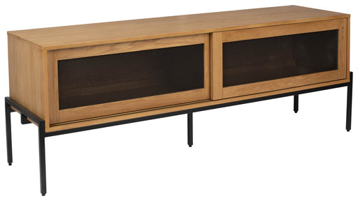 Sideboard HARDY EICHE in Gesamtansicht mit zwei Glastüren, Eichenholzrahmen und schwarzem Metallgestell.