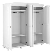 Kleiderschrank ISNY 4 Türen Kiefer massiv weiß im Landhausstil, Innenansicht mit offenen Türen, Kleiderstange und Böden.