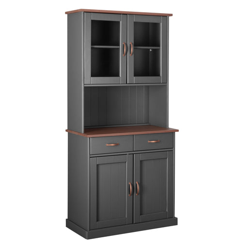 Buffet Vitrine LUZERNA 5.1 mit grauem Korpus, braunrötlicher Arbeitsplatte und Glastür in Gesamtansicht.